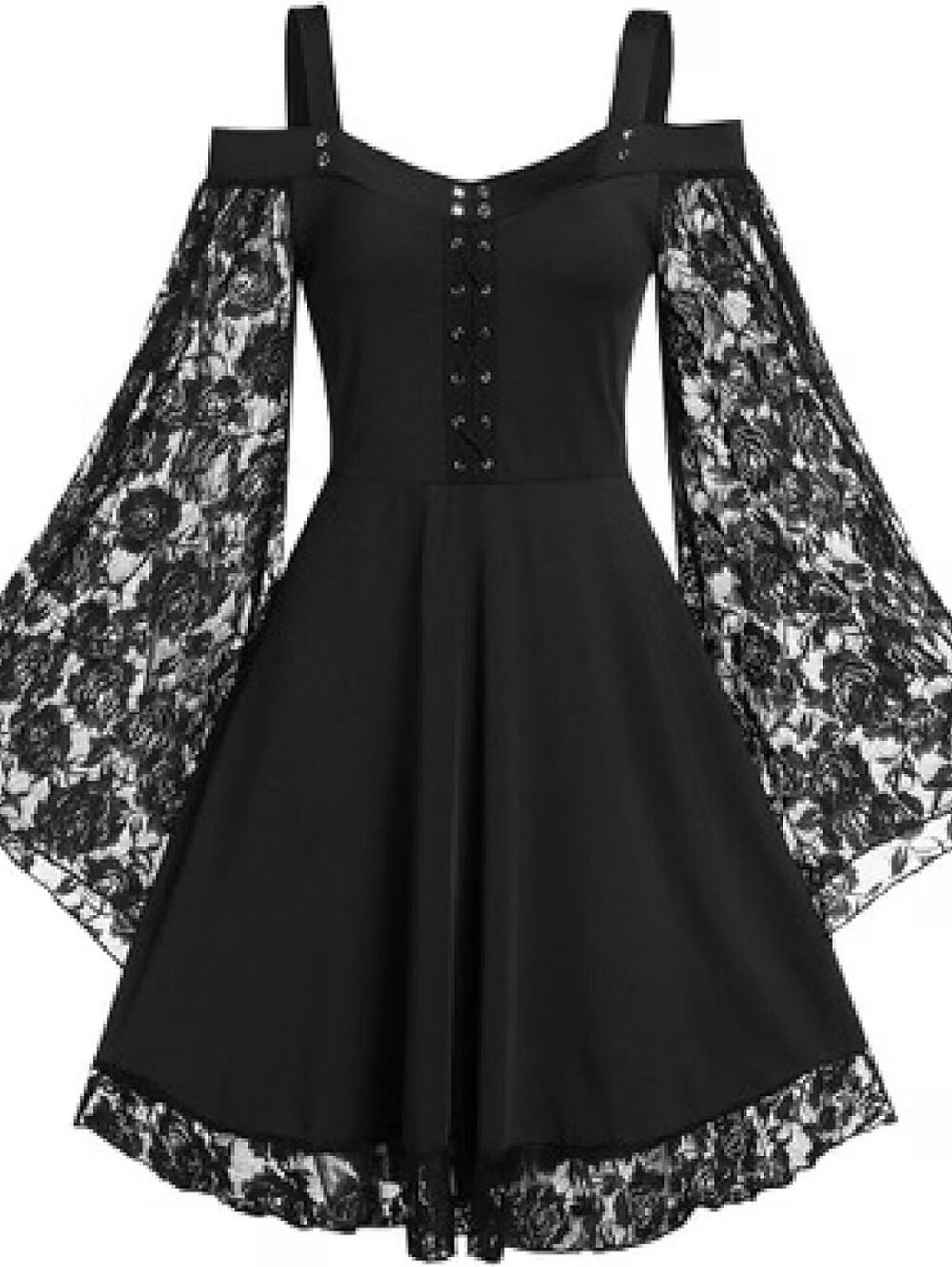 Women's Black Cold Shoulder Lace A-Line Bell Sleeve Dress Size XL